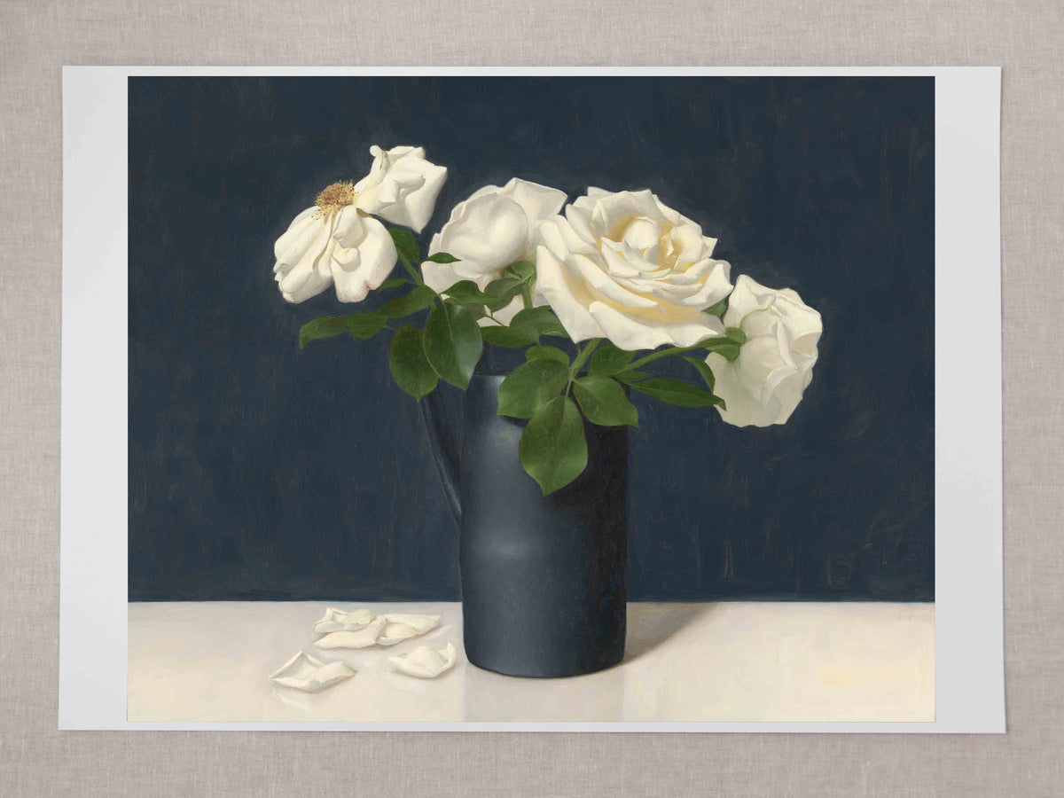 White Roses in the Glass Vase on the Patio .Oil paint on canvas panel, 14inx18in. offers Still Life Painting.